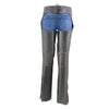 Milwaukee Leather women's black and grey motorcycle chaps with laser cut accents and stitching, made from premium leather.