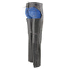 Milwaukee Leather women's black and grey leather chaps with laser cut accents and stitching, designed for motorcycle riding.