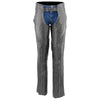 Milwaukee Leather women's black and grey motorcycle chaps with laser cut accents and stitching, made from premium leather.