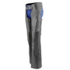 Milwaukee Leather women's black and grey motorcycle chaps with laser cut accents and premium leather stitching.