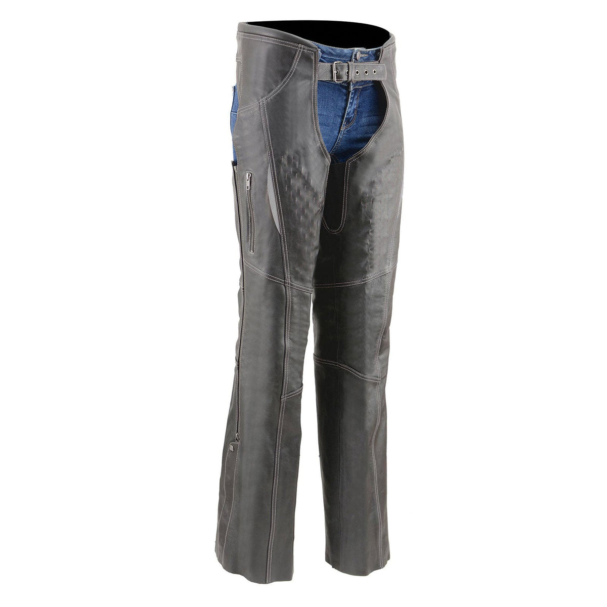Milwaukee Leather women's black and grey motorcycle chaps with laser cut accents and stitching, made from premium leather.