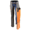 Milwaukee Leather women's black and orange motorcycle chaps with laser-cut accents and stitching, designed for riding comfort and style.