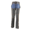 Black and orange Milwaukee Leather chaps for women with laser-cut accents and stitching, designed for motorcycle riding.