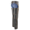 Milwaukee Leather women's black and orange motorcycle chaps with laser cut accents and stitch detailing, made from premium leather.