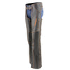 Black and orange Milwaukee Leather women's motorcycle chaps with laser-cut accents and stitching, made from premium leather.