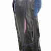 Black and purple Milwaukee Leather women's motorcycle chaps with laser-cut accents and premium leather stitching.