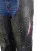 Milwaukee Leather women's black and purple leather motorcycle chaps with laser-cut accents and stitching detail.
