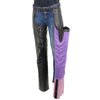 Milwaukee Leather women's black and purple motorcycle chaps with laser-cut accents and stitch detailing, made from premium leather.
