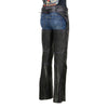 Black and purple Milwaukee Leather chaps for women with laser cut accents and stitching, designed for motorcycle riding.
