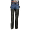 Milwaukee Leather women's black and purple leather chaps with laser cut accents and stitching, motorcycle riding gear.