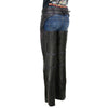 Black and purple Milwaukee Leather women's chaps with laser cut accents and stitching, designed for motorcycle riding.