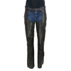 Milwaukee Leather women's black and purple leather chaps with laser-cut accents and stitching for motorcycle riding.