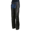 Milwaukee Leather women's black and purple motorcycle chaps with laser cut accents and stitching, made from premium leather.