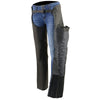 Black Milwaukee Leather women's leather chaps with lace accents, lightweight naked goat skin, designed for motorcycle riding.