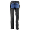 Black lightweight leather chaps for women with lace accents, made from naked goat skin by Milwaukee Leather, designed for motorcycle riding.