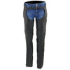 Black Milwaukee Leather women's leather chaps with lace accents, lightweight Naked Goat Skin, designed for motorcycle riding.