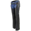 Black Milwaukee Leather women's leather chaps with lace accents, lightweight naked goat skin motorcycle chaps in image mll6535-f1-edit-a.