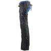 Black Milwaukee Leather women's motorcycle chaps made of lightweight naked goat skin with accent lace detailing.