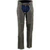 Milwaukee Leather women's grey distressed leather chaps with lace and grommet accents for motorcycle riding.