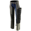 Milwaukee Leather women's grey distressed leather chaps with lace accents and grommet details, designed for motorcycle riding.