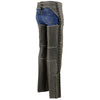 Milwaukee Leather women's distressed grey motorcycle chaps with accent lace and grommet details, made from premium skin material.