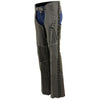 Milwaukee Leather women's grey distressed motorcycle chaps with lace, grommet accents, and premium leather details.