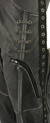 Milwaukee Leather women's grey distressed leather chaps with accent lace and grommet details, featuring pockets and motorcycle style.