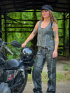 Milwaukee Leather women's distressed grey motorcycle chaps with lace and grommet accents, premium skin material, MLL6536.