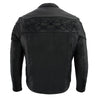 Milwaukee Leather men's black leather crossover scooter jacket with reflective skull designs and zipper details.