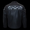 Milwaukee Leather men's black leather crossover scooter jacket with reflective skull designs and zip-up front.