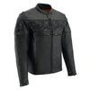 Milwaukee Leather men's black leather crossover scooter jacket with reflective skull designs and stylish details.