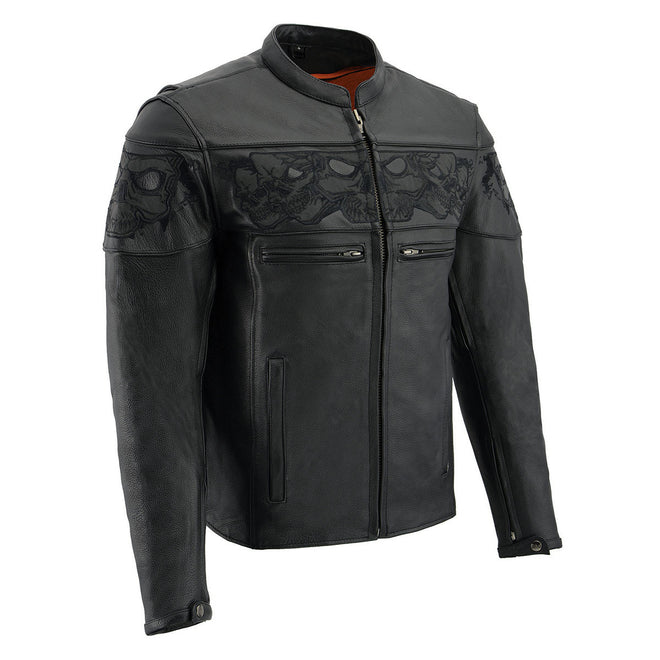 Milwaukee Leather men's black leather crossover scooter jacket with reflective skull designs and stylish details.