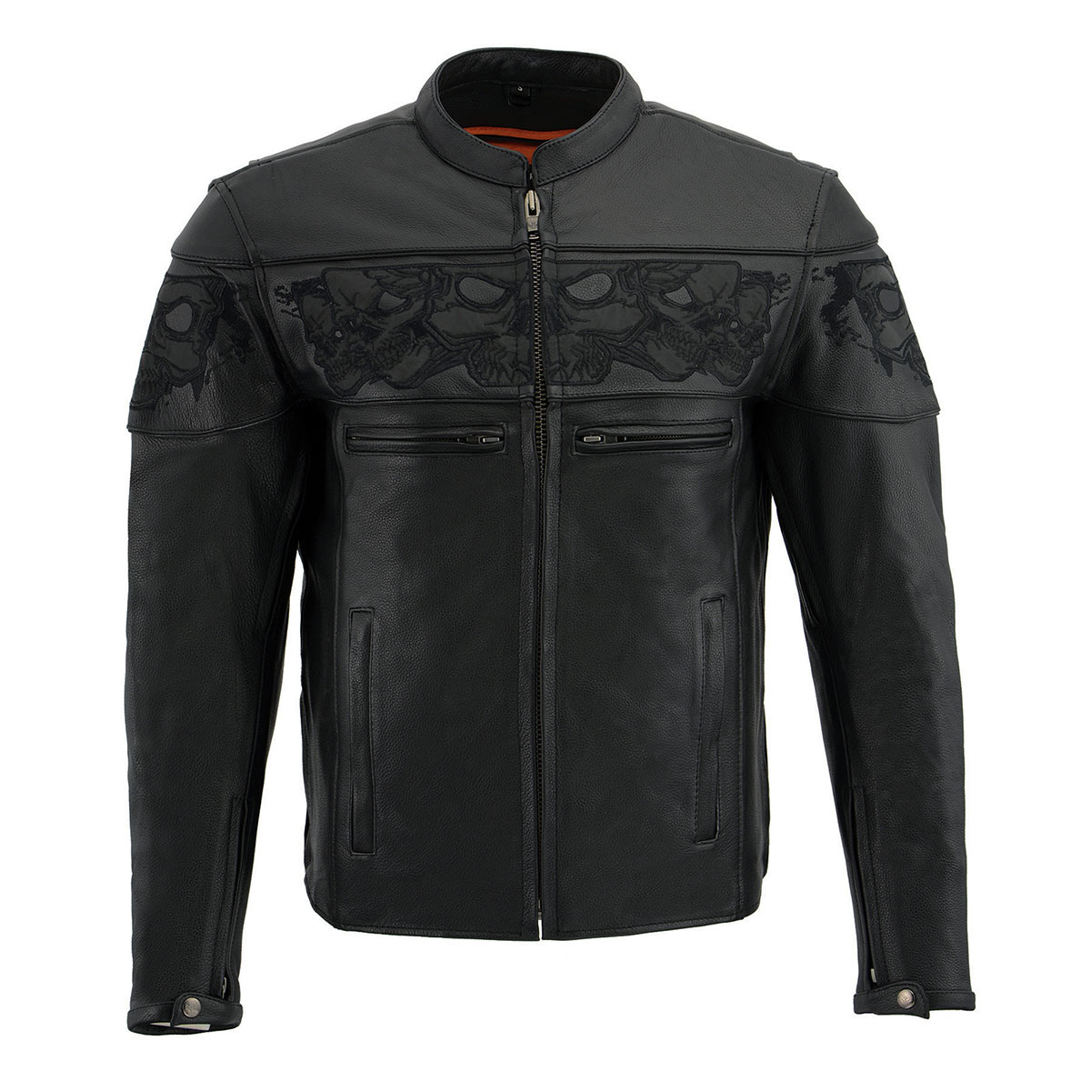 Milwaukee Leather men's black crossover leather scooter jacket with reflective skull designs, stylish and protective motorcycle jacket.