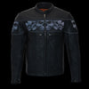 Milwaukee Leather men's black crossover leather scooter jacket with reflective skull designs, featuring a stylish and edgy look.