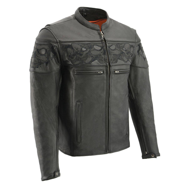 Milwaukee Leather men's black Cool-Tec leather crossover scooter jacket with reflective skull designs.