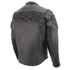 Milwaukee Leather men's black Cool-Tec leather crossover scooter jacket with reflective skull designs, front zipper, and stylish collar.