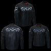 Milwaukee Leather men's black Cool-Tec leather crossover scooter jacket with reflective skull designs and stylish detailing.