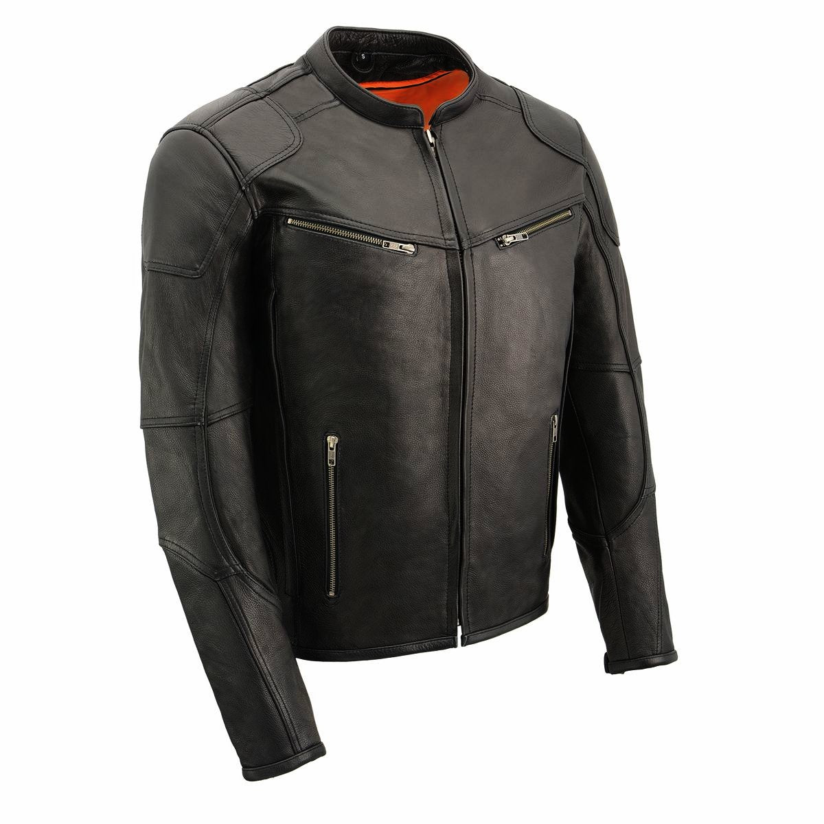 Milwaukee Leather men's black Cool-Tec vented leather scooter jacket with zipper details and quilted shoulder accents.