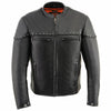 Milwaukee Leather Men’s black Skelly Racer moto leather jacket with stylish design, visible zippers, and padded shoulders.