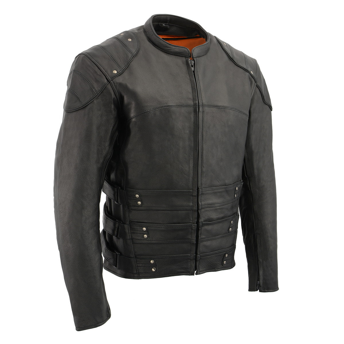 Milwaukee Leather men's Assault Racer black leather jacket with triple side straps, stylish men's jacket with a modern design.
