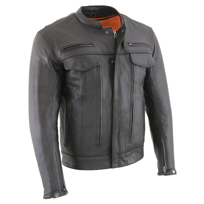 Milwaukee Leather men's black Cool-Tec motorcycle jacket with utility pockets, real leather, scooter style, men's jacket.