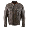 Milwaukee Leather men's distressed brown leather motorcycle jacket with classic design and multiple zipper pockets, front view.