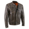 Milwaukee Leather men's distressed brown leather motorcycle jacket with zipper details and classic biker style.