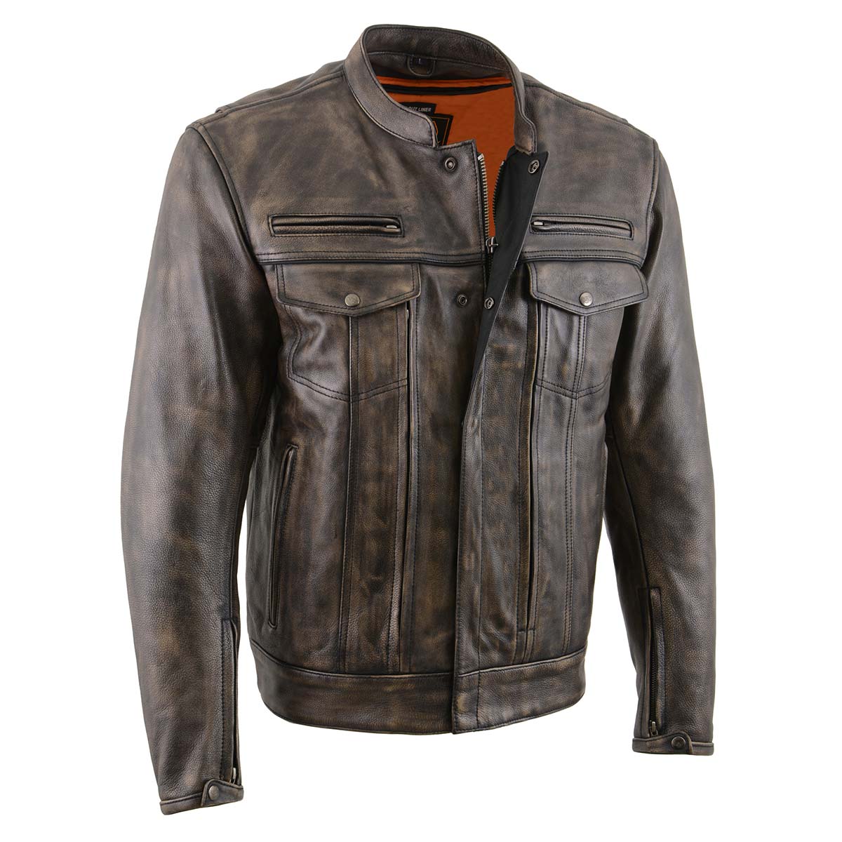 Milwaukee Leather men's distressed brown leather motorcycle jacket with zipper details and classic biker style.