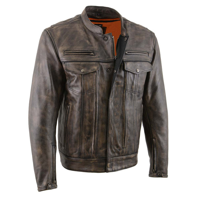 Milwaukee Leather men's distressed brown leather motorcycle jacket with zipper details and classic biker style.