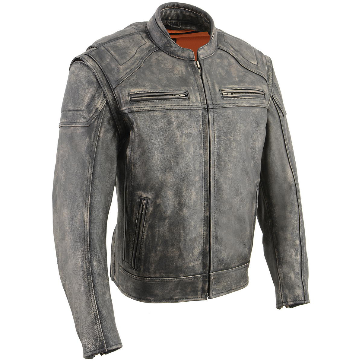 Milwaukee Leather men's distressed brown 2-in-1 leather jacket with zip-off sleeves, stylish and versatile men's jacket.