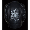 Milwaukee Leather men's black leather scooter jacket with reflective skull design, featuring zipper details and stylish fit.