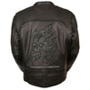 Milwaukee Leather men's black leather scooter jacket with reflective skull design, featuring zippered pockets and stylish fit.