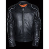 Milwaukee Leather men's black leather scooter jacket with reflective skull design, featuring a stylish and protective motorcycle jacket.