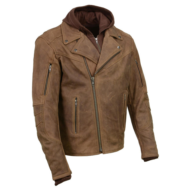 Milwaukee Leather men's Vagabond vintage brown leather jacket with removable hoodie, crafted from crazy horse leather.